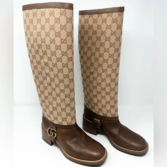 Gucci Lola GG Riding Boots Brown Knee High Supreme Block Heel EU 37.5 US 7.5 - Picture 5 of 9